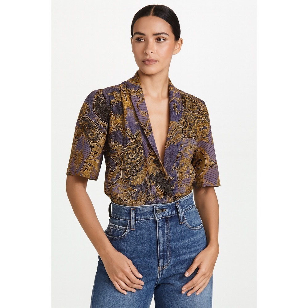 Vintage Silk Purple & Gold Paisley Short Sleeve‎ Boho Top Size M